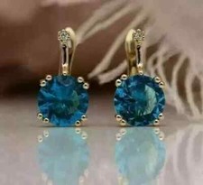3.00CT Round Cut London Blue Topaz Drop Dangle Earrings 14k Yellow Gold Plated