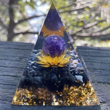 Handmade Amethyst Crystal Sphere & Obsidian Quartz Orgone Pyramid Reiki Energy