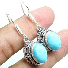 Caribbean Larimar Gemstone Handmade 925 Sterling Silver Jewelry Earring Sz 1.2''