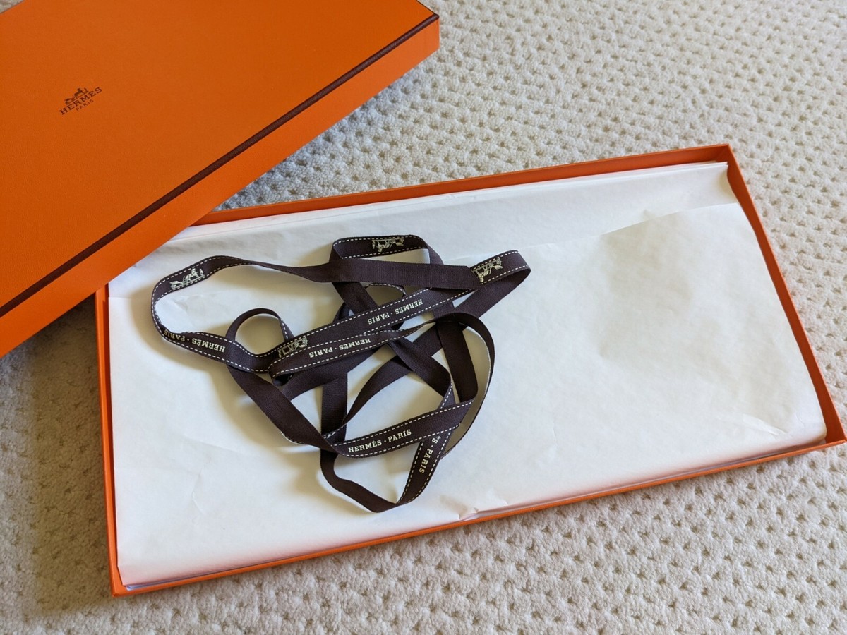 HERMES Logo Orange Gift Box 14.5 x 7.5 x 1 w/Tissue & Ribbon for