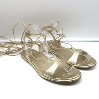Miu Miu Ankle Wrap Flat Gladiator Sandals Gold Metallic Leather