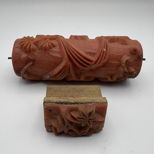Patterned Paint Roller Wood-Mounted Stamp Pair Floral Design Vintage Home DIY