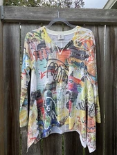 Inoah Whimsical Cats Orange Purple Art To Wear Tunic Shirt Sz M