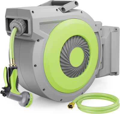 Retractable Garden Hose Reel 85ft with 10-Pattern Nozzle & Wall Mount