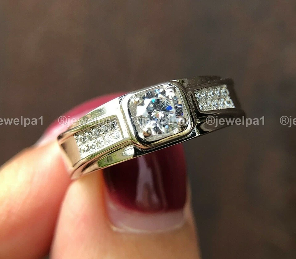 Moissanite Men's Wedding Ring Solid 14K White Gold Excellent Round Cut VVS1 2 CT - Image 2 of 4