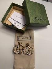 Gucci GG Logo Crystal Gold Tone Drop Stud Earrings