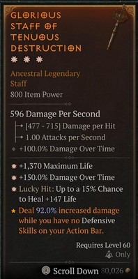 DIABLO 4 SEASON9 3g Glorious Staff of Tenuous ( LIFE x DOT x HEAL) 