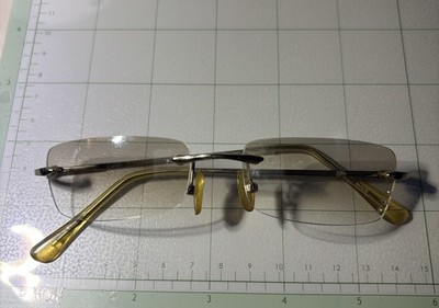 Y2K LEI Rimless Rectangular Eyeglasses Silver Metal Frame Yellow Temple Tips 