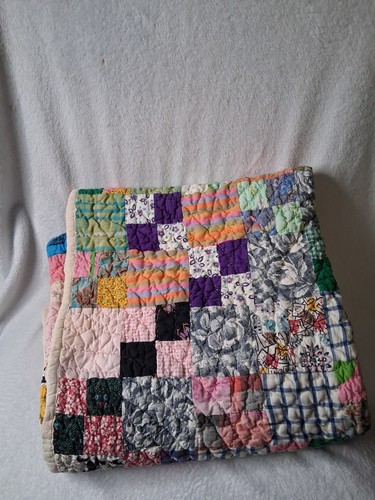Scrappy Postage Patch Quilt Handmade Hand Stitched 64" x 76" Vintage Very Old