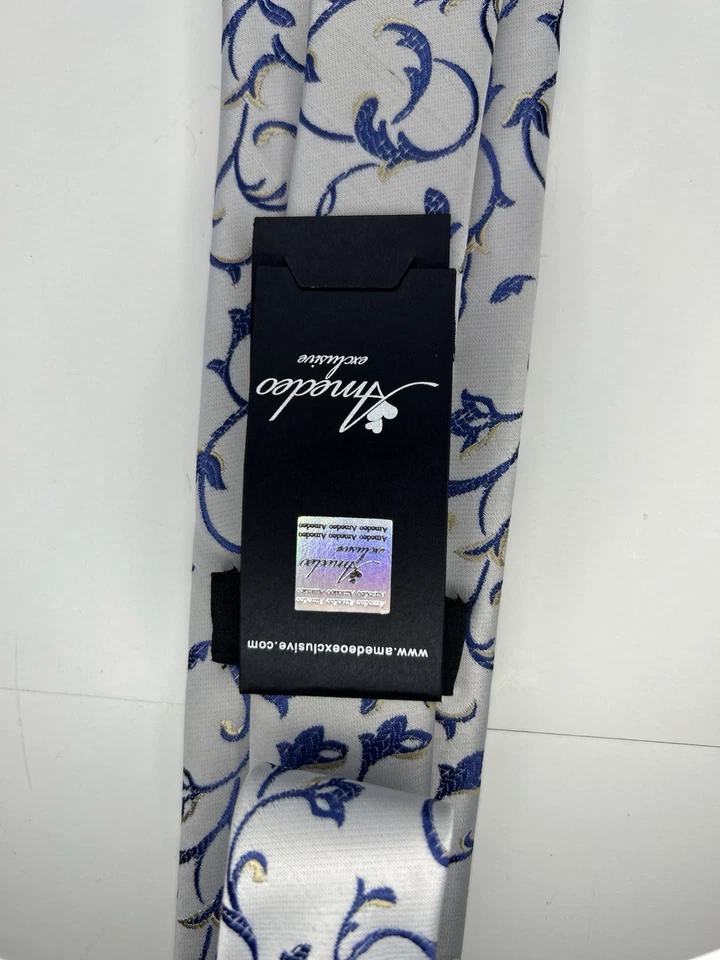 Amedeo 独家领带,全新带标签,蓝色和金色,花卉简单婚礼舞会商务 — 第 3/4 张图片