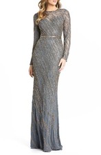 Mac Duggal 5240D Beaded Long Sleeve Column Gown Sz 8 Platinum