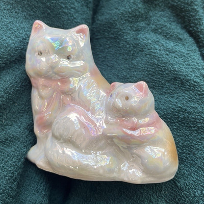 Porcelain Cat & Kitten Figurine, Iridescent, Adorable Vintage Collectible