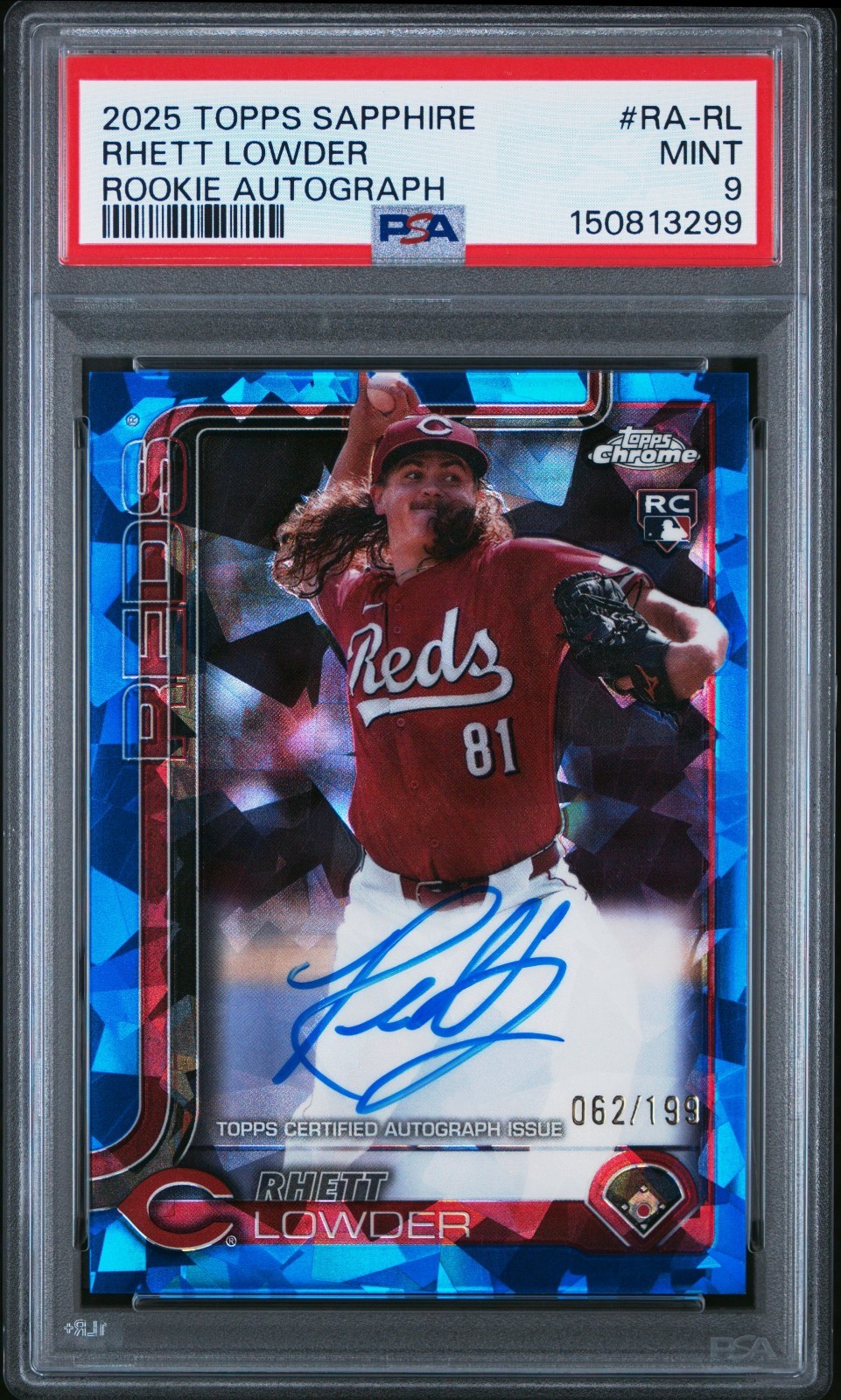 2025 Topps Chrome Sapphire Rhett Lowder RC Auto /199 PSA 9 Reds