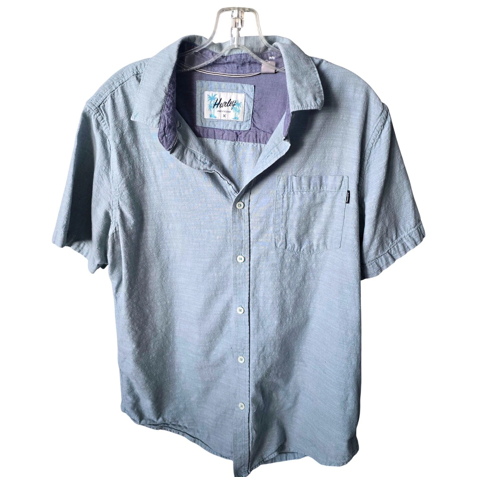 Hurley Mens Slub Button Down Shirt Light Blue Short Sleeve Size M