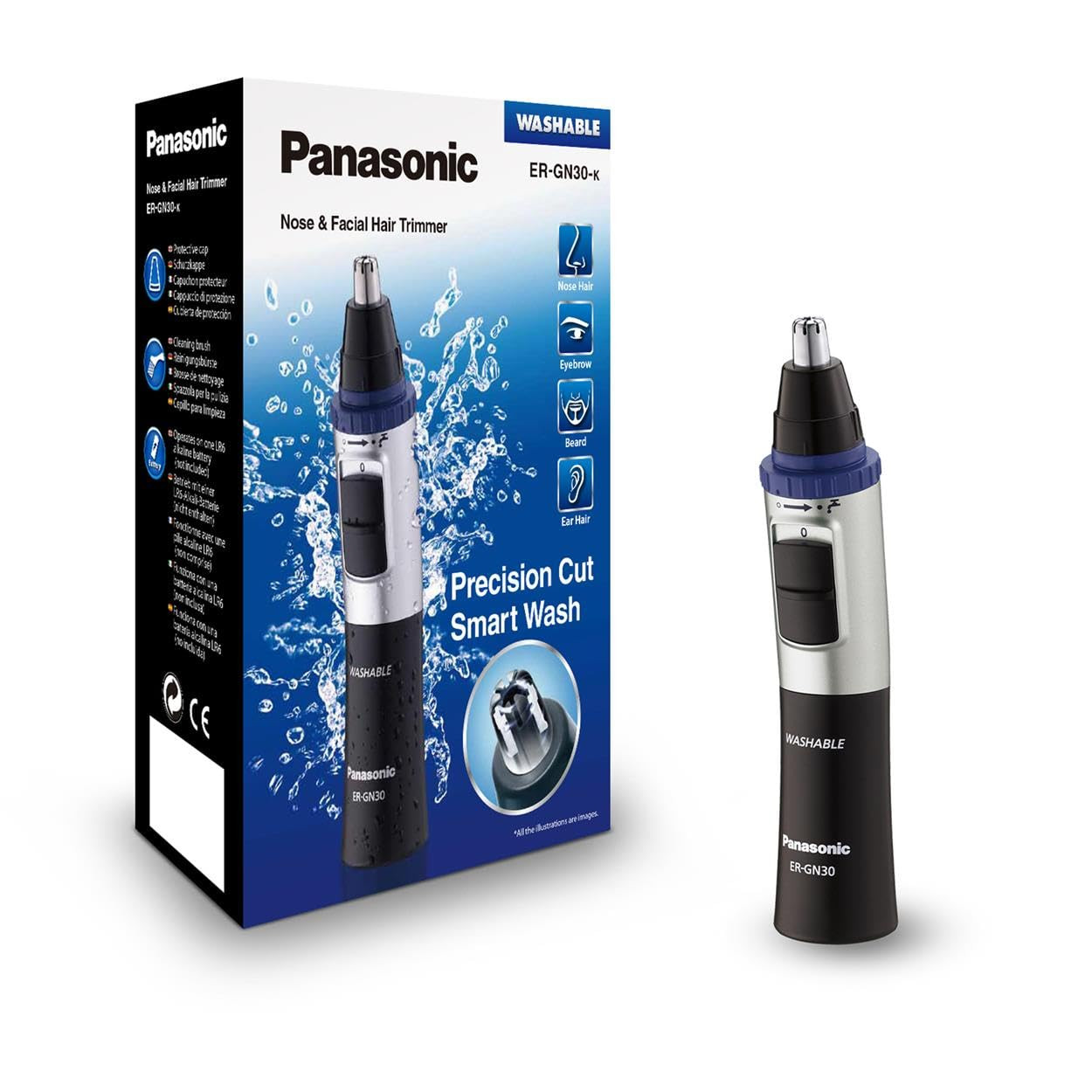 Panasonic ER-GN30-K Nose, Ear N Facial Hair Trimmer Wet/Dry with Vortex Cleaning