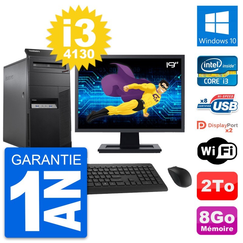 PC Tour Lenovo M83 Ecran 19" Core i3-4130 RAM 8Go Disque Dur 2To Windows 10 Wifi