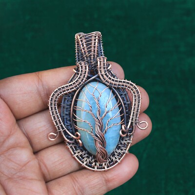 Aquamarine Gemstone Jewelry Copper Wire Wrap Tree Pendant Gift For