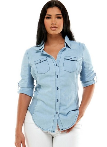 Women Junior shirt top Denim Cotton Blend button down stretch Ci Soon TP168 - Picture 8 of 12