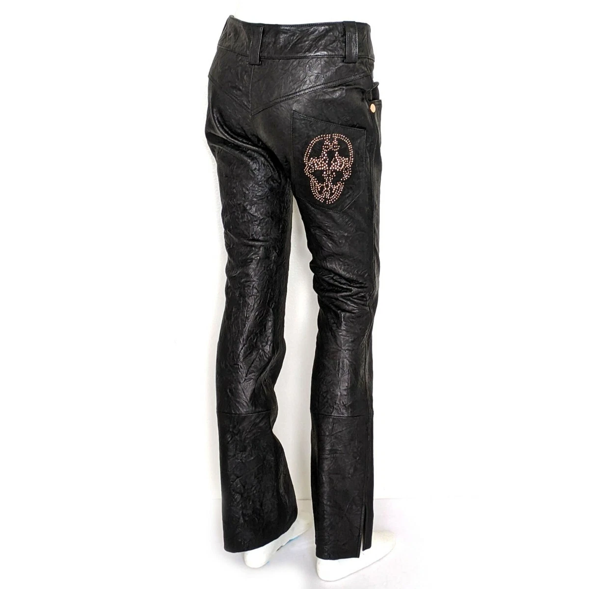 Thomas Wylde Black Crinkled Leather Rose Gold Skull Straight Leg Pants S 2 NEW