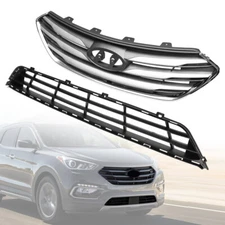 Front Upper & Lower Bumper Grille Assembly For 2017 2018 Hyundai Santa Fe Sport