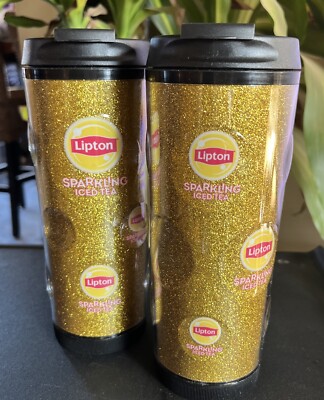(2) Lipton Sparkling Iced Tea 20 oz Insulated Coffee Tumbler Cup Mug Gold NEW
