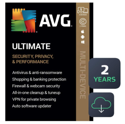 AVG ULTIMATE 2024 5 Devices 2 Years Internet Security New Retail Ships Fast !!