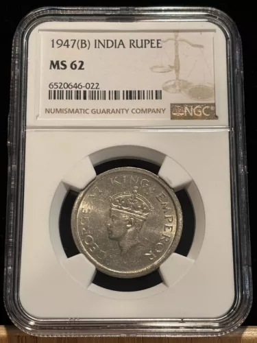 INDIA 1 Rupee 1947 (B), British / KGVI, NGC MS 62 UNC / BU. "022". K6