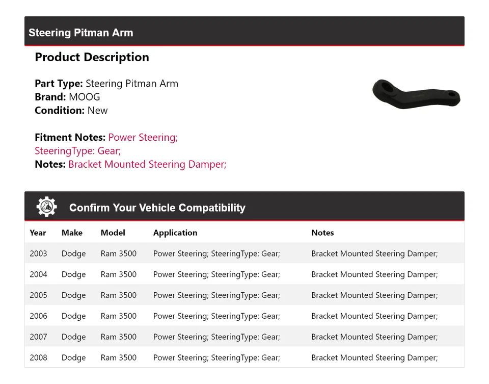 Brazo de dirección Pitman MOOG 2003 2004 2005 2006 2007 para Dodge Ram 3500 2003-2008 Foto 2 de 4