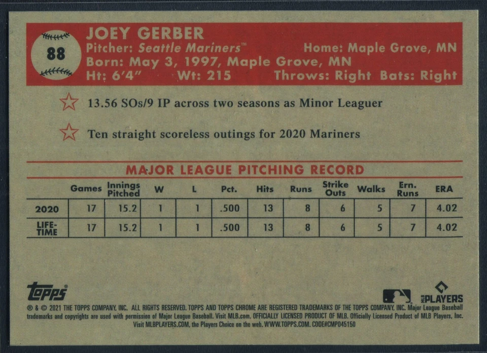 Joey Gerber Rookie Card #88 RC - 2021 Topps Chrome Platinum Anniversary - Image 2 of 2