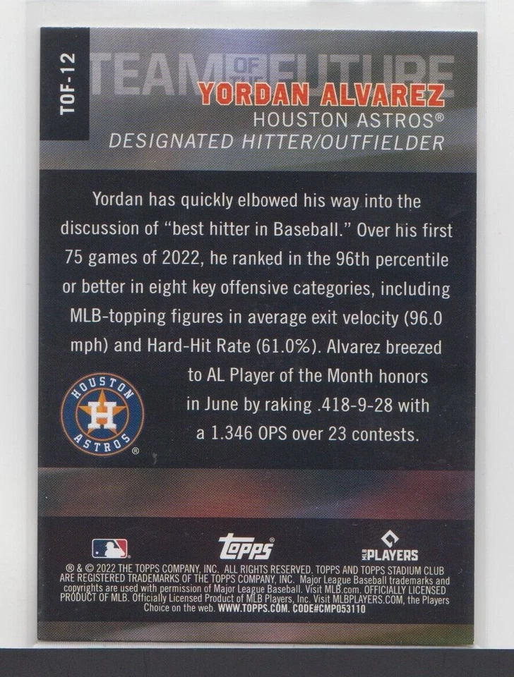 YORDAN ALVAREZ - MLB-2022 TOPPS STADIUM CLUB TEAM OF THE FUTURE - CARD # TOF-12 - Image 2 of 2