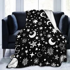 Star Moon Black and White Blanket Soft Blankets Flannel Bed Throw Cozy Lightw...
