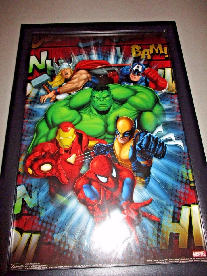 MARVEL HEROES 11" x 17" 2009 COLORFUL Poster 18.5" x 12.5" Black Plastic Frame - Image 2 of 4