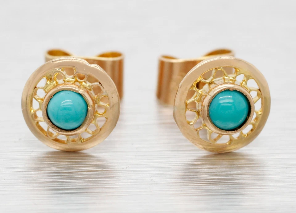 Vintage Turquoise Filigree Circle Stud Earrings - Solid 18k Yellow Gold - Image 2 of 4