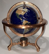Semi Precious Stone Inlaid World Globe Copper Stand Compass 14" Tall