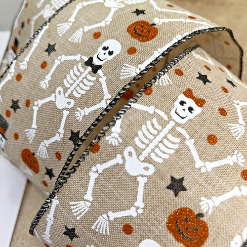 Halloween Skeleton Orange Glitter Pumpkins on Canvas Wired Ribbon 2.5"x5 Yds New - Picture 2 of 5