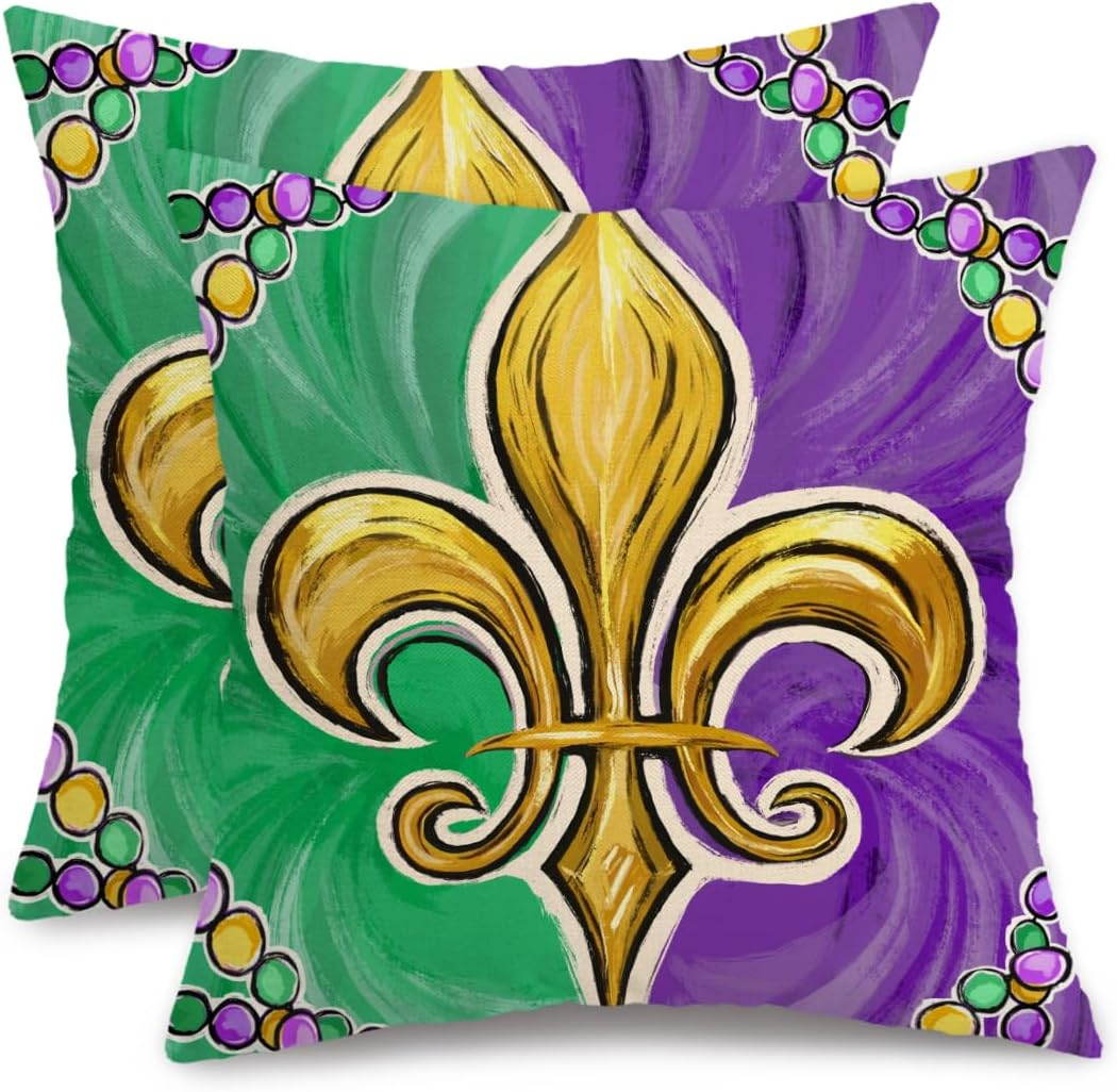 Mardi Gras Pillow Covers 18X18 Inch Set of 2,Fleur De Lis Beads Decor Holiday Fa