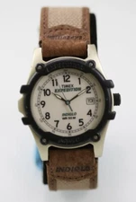 Timex Watch Men Silver Plastic Brown Beige Nylon Leather 50m Light Date Quartz