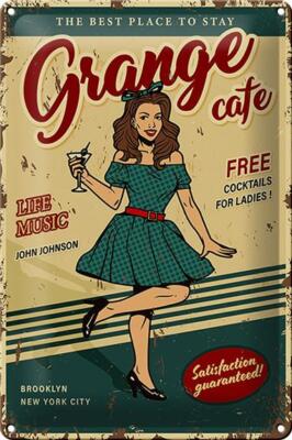 Blechschild Retro 20x30cm Pinup Grange cafe life music free Deko Schild tin sign