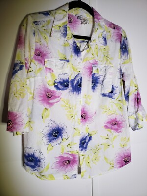 CROFT & BARROW SZ L BLOUSE SWISS POLKA DOT MAT. CREAM YELLOW BLUE PINK FLORAL