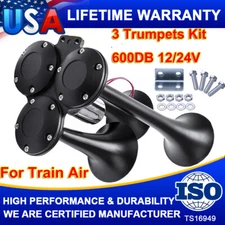 600DB Train Horn Super Loud 3 Trumpet Air Horn Kit For Semi Truck Boat Van Car