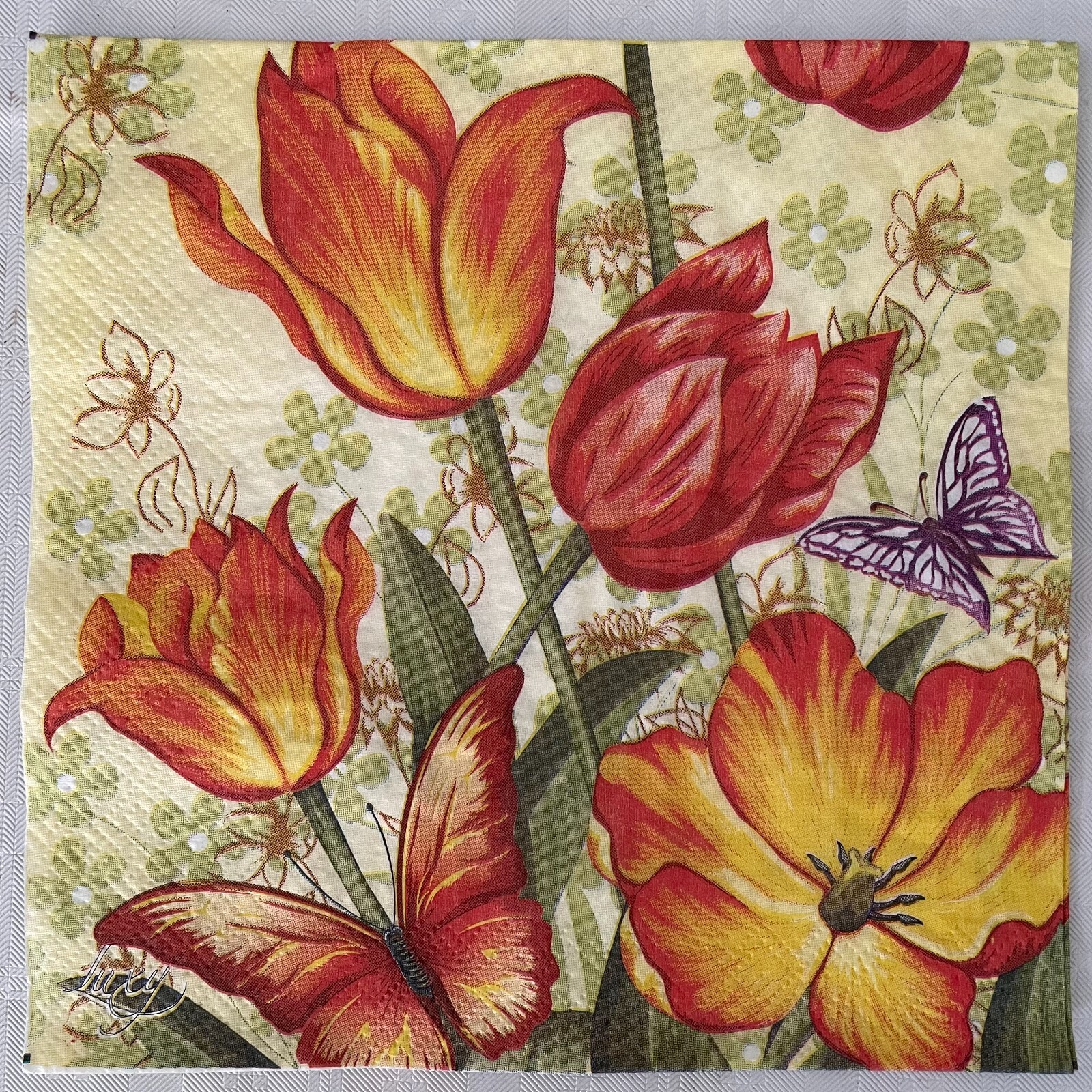 4 Luncheon paper napkins Red Orange Tulips Butterfly Spring Flower for decoupage