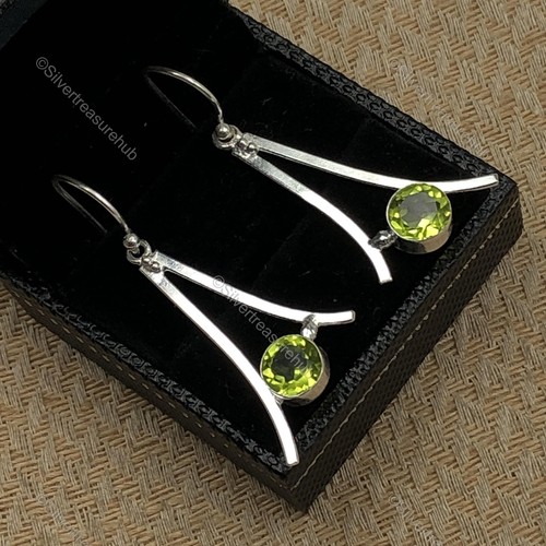 Natural PERIDOT Sterling Silver August Birthday Handmade Dangle Drop Earrings - Picture 3 of 8