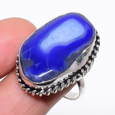 Natural Blue Lace Agate Gemstone 925 Sterling Silver Ring Size 8.5 h558