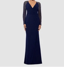 Betsy & Adam Women's Blue Rhinestone Ruched Twist-Front Gown Dress Size 4