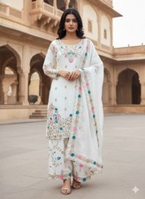 New Launching Silk White Top Palazzo With Dupatta For Indian Reception Wear
