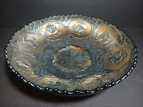 Vintage Fenton Dragon And Lotus Black Gold Carnival Glass Ice Cream Bowl 8"