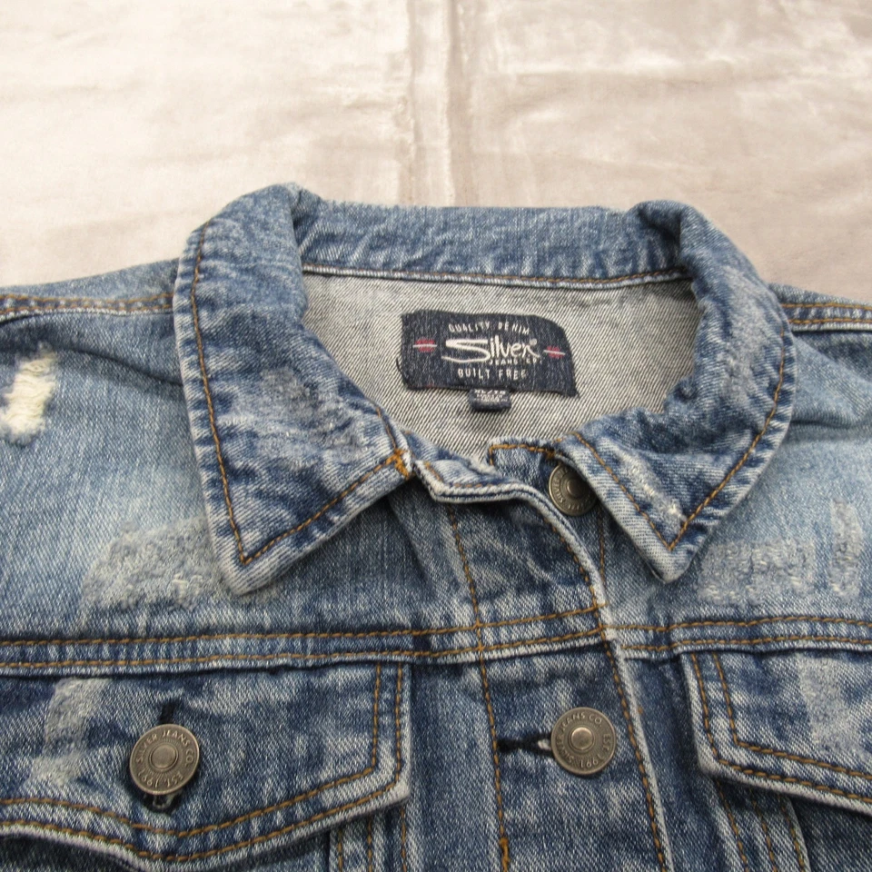 Chaqueta vaquera plateada para mujer XL azul Sahara envejecida recortada camionero Foto 3 de 4