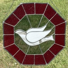 Vintage White Dove Stained Glass Hanging Suncatcher 14  Octagonal Red Border