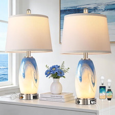 Coastal Glass Table Lamp Set of 2 with USB Ports  7 Lighting Modes