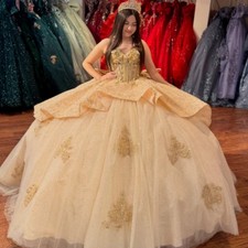 Sweet 15 16 Quinceanera Dresses with Bow Glitter Champagne Party Gold Ball Gown